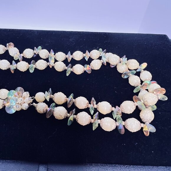 Vintage Double Strand Sugared Bead And AB Rhinestone Necklace (6120) - Picture 6 of 9